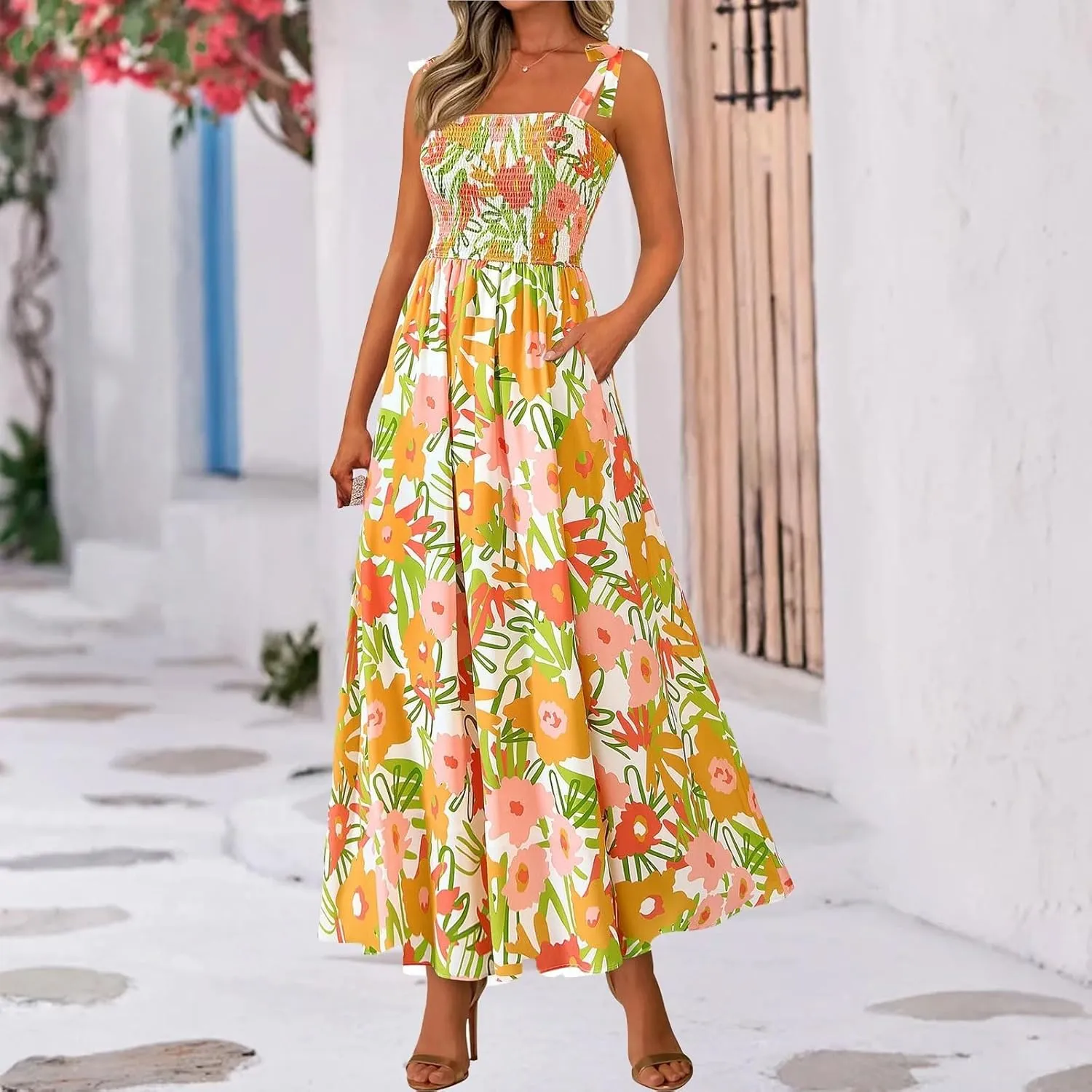 Womens Summer Dresses Trendy Floral Sleeveless Smocked Maxi Dress with Pocket Boho Tie Strap Beach Long Sundress