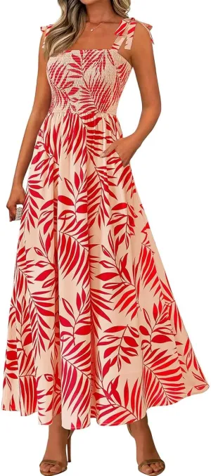 Womens Summer Dresses Trendy Floral Sleeveless Smocked Maxi Dress with Pocket Boho Tie Strap Beach Long Sundress
