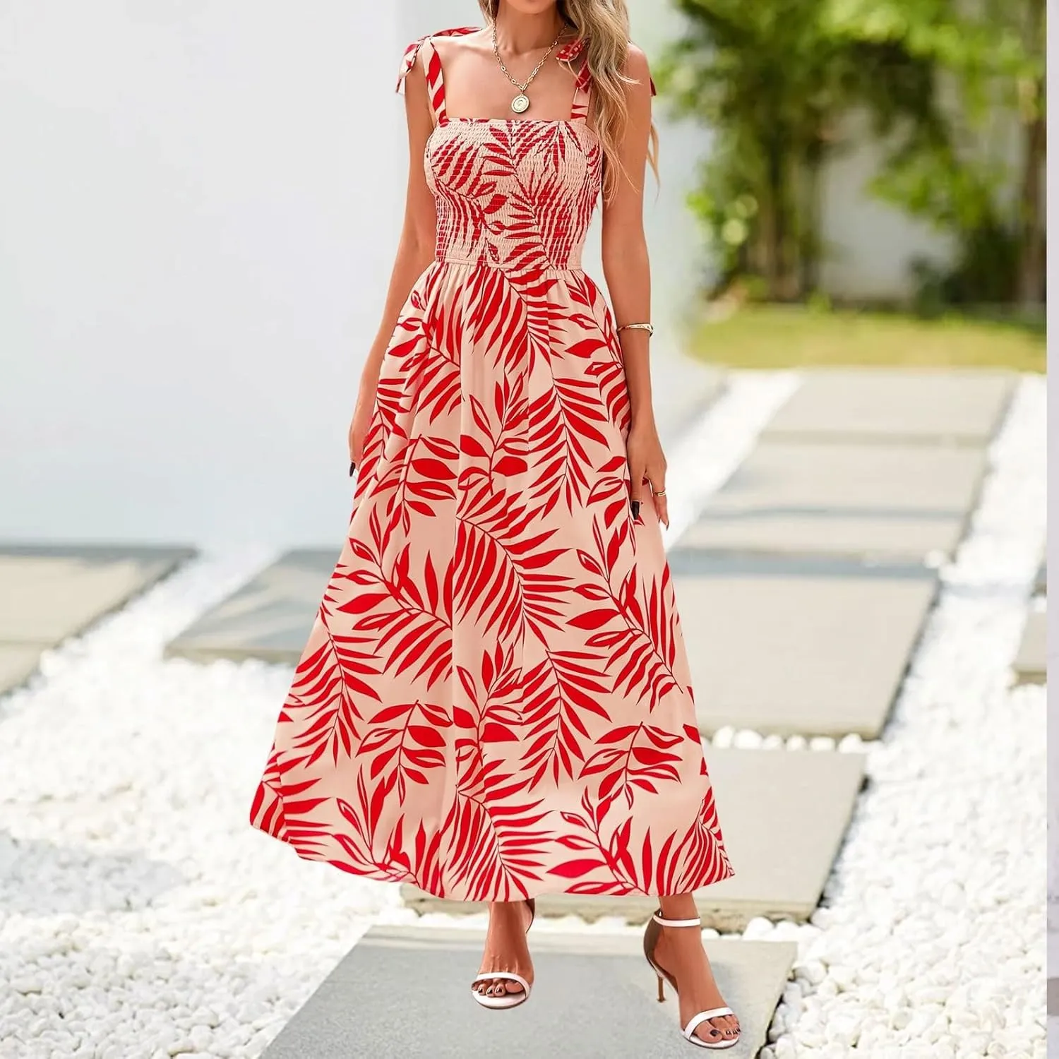 Womens Summer Dresses Trendy Floral Sleeveless Smocked Maxi Dress with Pocket Boho Tie Strap Beach Long Sundress