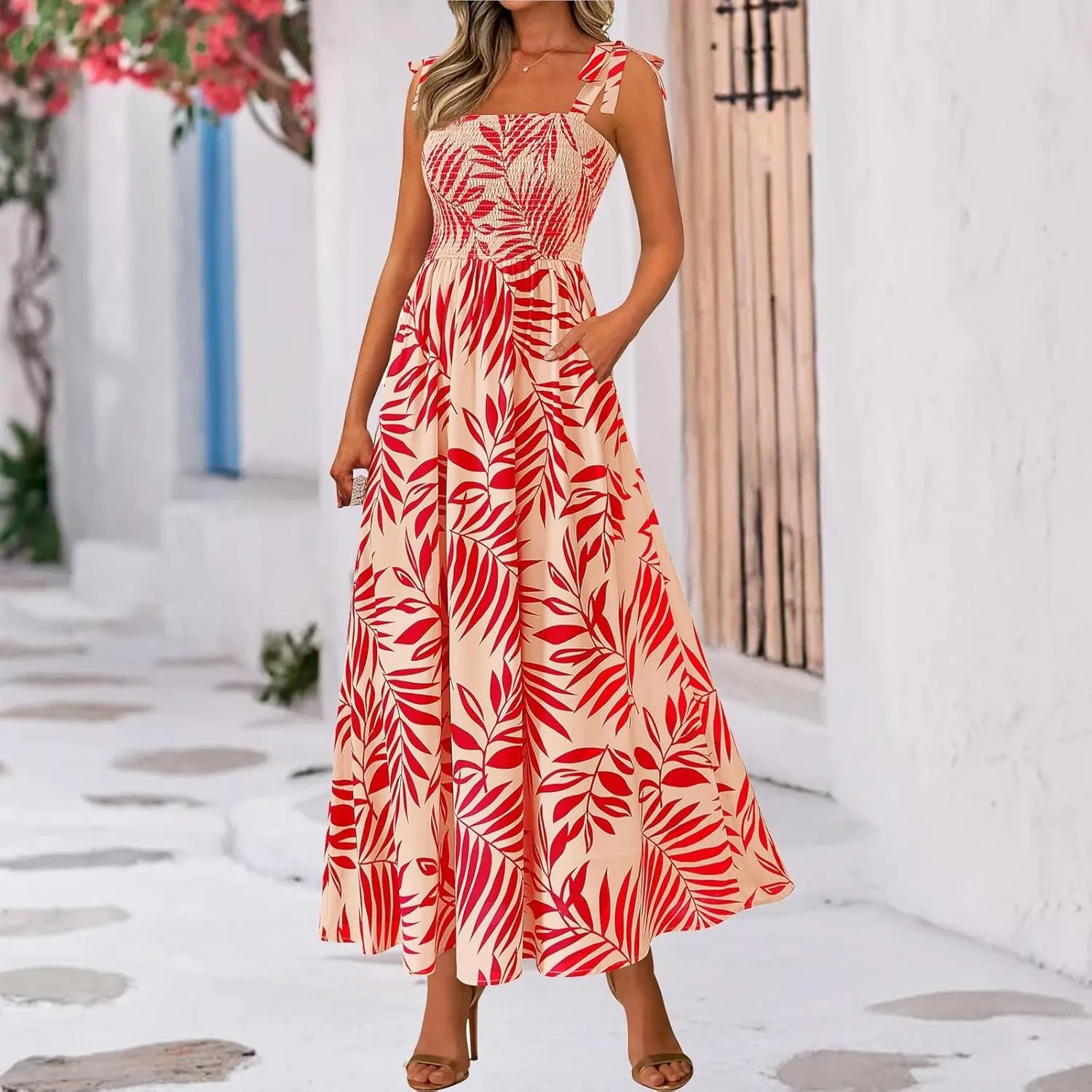 Womens Summer Dresses Trendy Floral Sleeveless Smocked Maxi Dress with Pocket Boho Tie Strap Beach Long Sundress