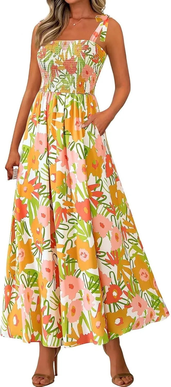 Womens Summer Dresses Trendy Floral Sleeveless Smocked Maxi Dress with Pocket Boho Tie Strap Beach Long Sundress