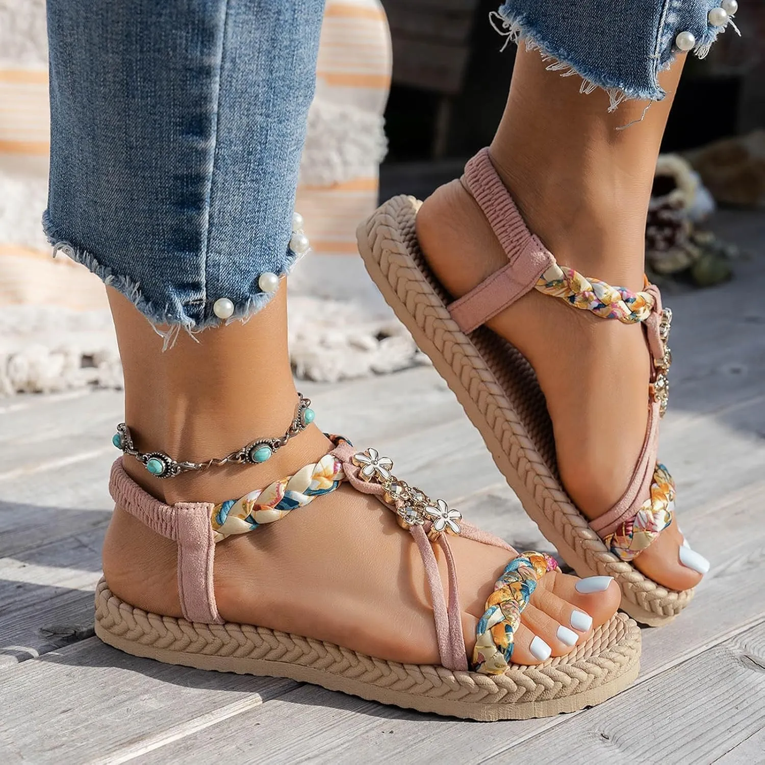 Women's Thick Soled Sandals Hollow Beach Elastic Ankle Strap Vacation Shoes Elegant Bohemian Dress Sandals
