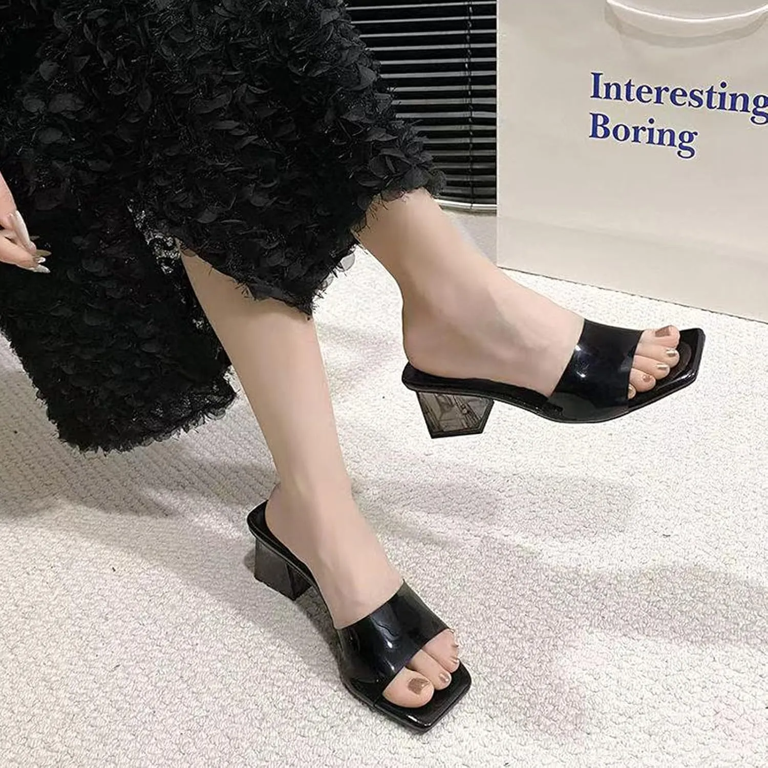 Women's Transparent Square Head Open Toe Chunky Heel High Heels Sandals Fashion Backless Non-Slip Transparent Low Block Heel Mules Heeled Slipper Sexy Dress Slip-On Formal Shoes