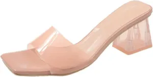 Women's Transparent Square Head Open Toe Chunky Heel High Heels Sandals Fashion Backless Non-Slip Transparent Low Block Heel Mules Heeled Slipper Sexy Dress Slip-On Formal Shoes