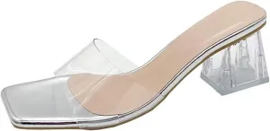 Women's Transparent Square Head Open Toe Chunky Heel High Heels Sandals Fashion Backless Non-Slip Transparent Low Block Heel Mules Heeled Slipper Sexy Dress Slip-On Formal Shoes
