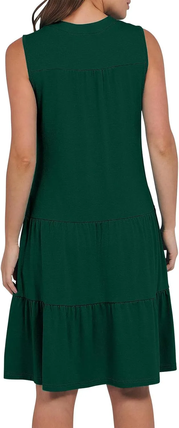 Women's V Neck Mini Dresses Sleeveless Tiered Swing Going Out Beach Sundress Summer Boho Beach Vacation 2025 Outfits