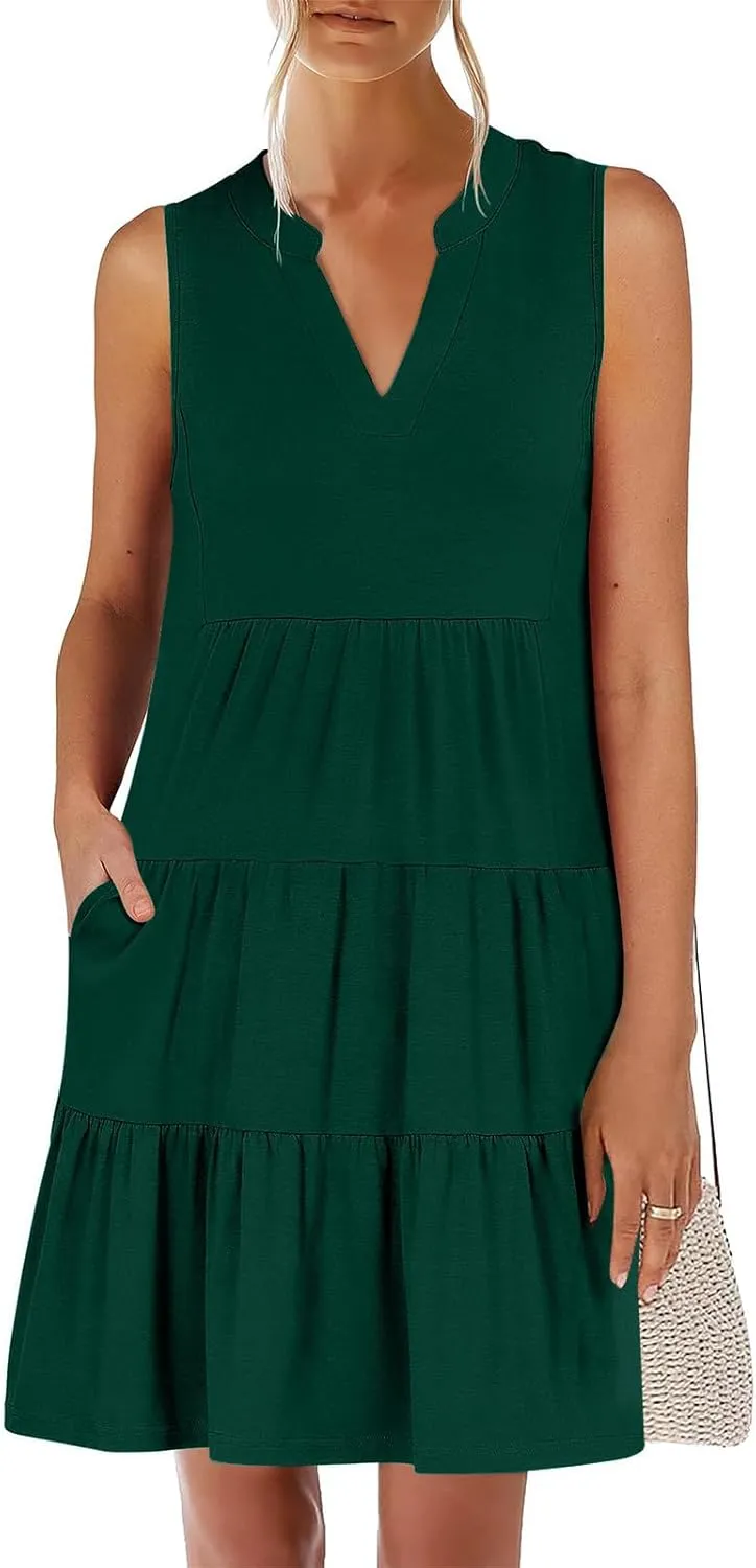 Women's V Neck Mini Dresses Sleeveless Tiered Swing Going Out Beach Sundress Summer Boho Beach Vacation 2025 Outfits