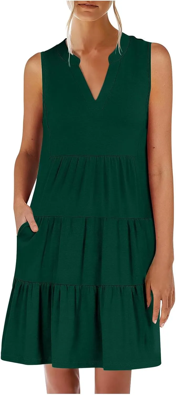 Women's V Neck Mini Dresses Sleeveless Tiered Swing Going Out Beach Sundress Summer Boho Beach Vacation 2025 Outfits