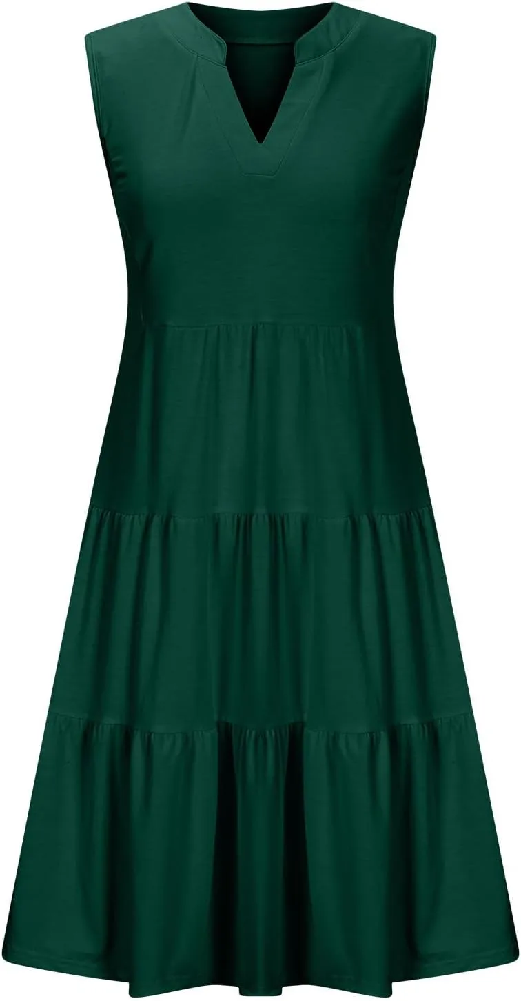 Women's V Neck Mini Dresses Sleeveless Tiered Swing Going Out Beach Sundress Summer Boho Beach Vacation 2025 Outfits