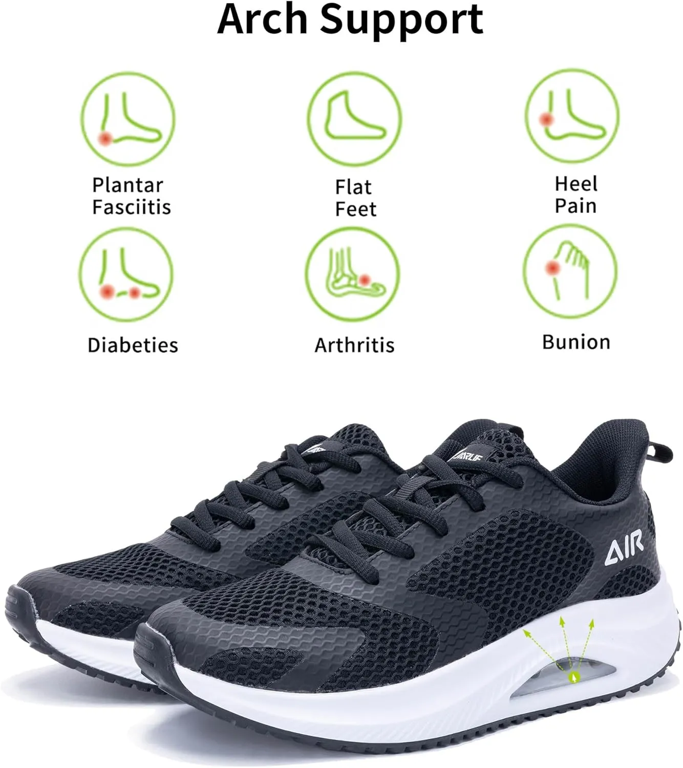 Women's Walking Shoes Air Cushion Comfortable Plantar Fasciitis Tennis Sneakers Non-Slip Breathable Orthotic Shoe for Foot Heel Pain Relief Size US 6-11