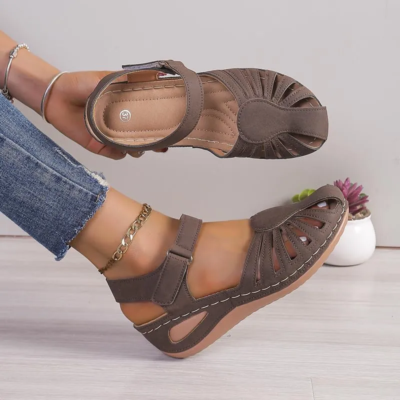 Women's Wedge Heels Ankle Strap Low Summer Sandals Closed Toe Hollow Out Orthopedic Bohemia Fishmouth Wedges Sandal Hollow Out Strap Comfy Outdoor Beach Athletic Shoes