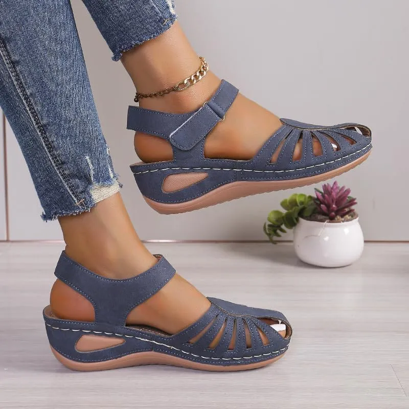Women's Wedge Heels Ankle Strap Low Summer Sandals Closed Toe Hollow Out Orthopedic Bohemia Fishmouth Wedges Sandal Hollow Out Strap Comfy Outdoor Beach Athletic Shoes