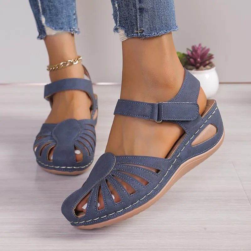 Women's Wedge Heels Ankle Strap Low Summer Sandals Closed Toe Hollow Out Orthopedic Bohemia Fishmouth Wedges Sandal Hollow Out Strap Comfy Outdoor Beach Athletic Shoes