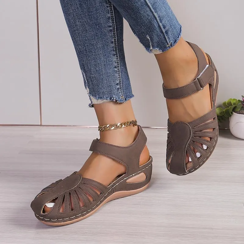 Women's Wedge Heels Ankle Strap Low Summer Sandals Closed Toe Hollow Out Orthopedic Bohemia Fishmouth Wedges Sandal Hollow Out Strap Comfy Outdoor Beach Athletic Shoes