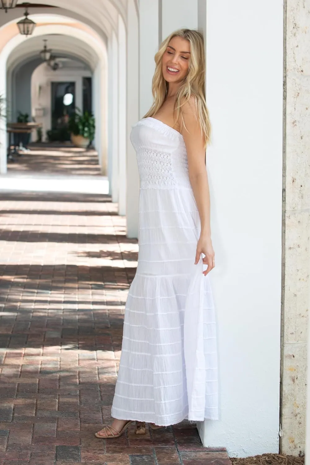 Women’s White Tube-Top Maxi Dress – 100% Cotton, Crochet Detail, Flowy Summer Beachwear, Made in Peru