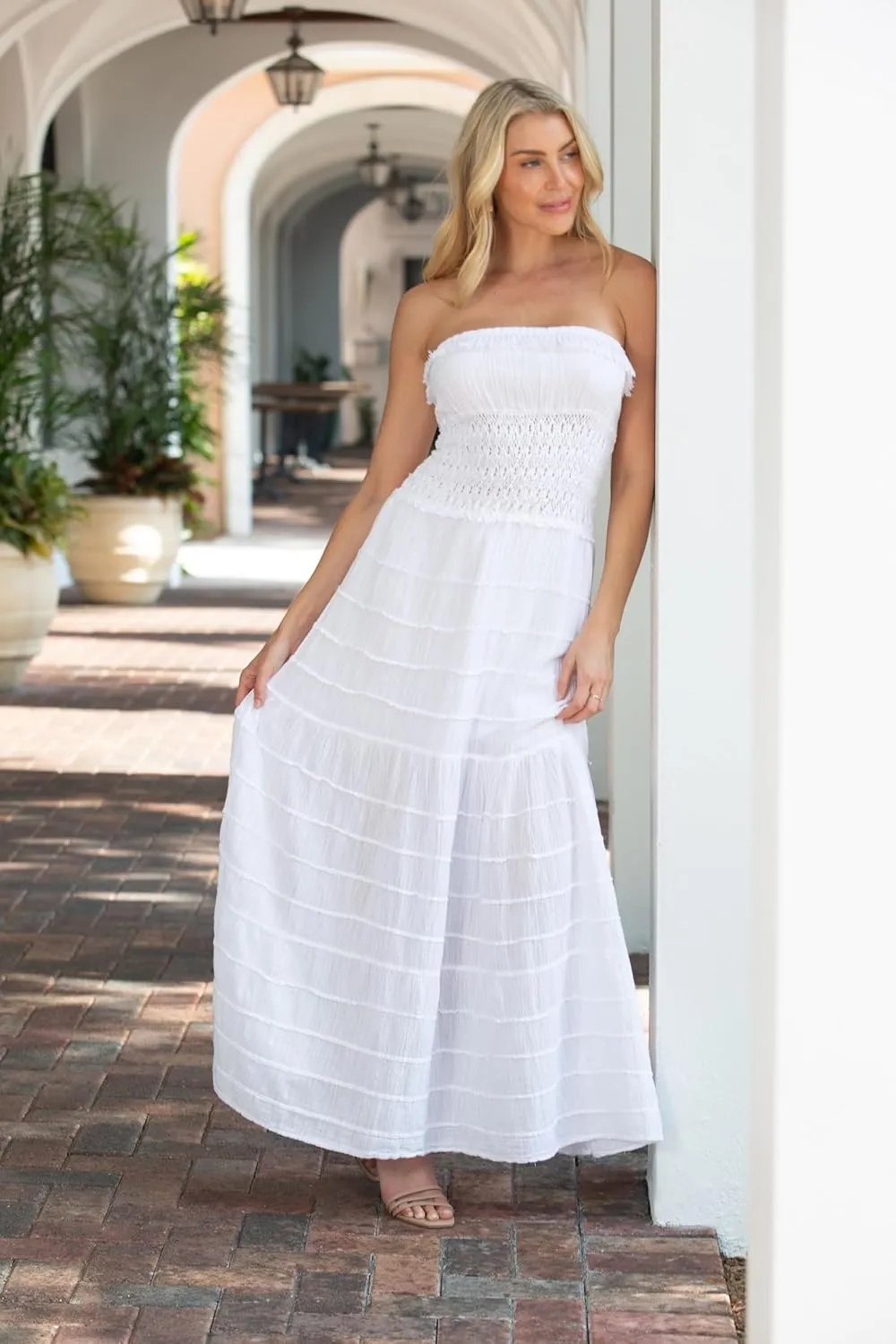 Women’s White Tube-Top Maxi Dress – 100% Cotton, Crochet Detail, Flowy Summer Beachwear, Made in Peru