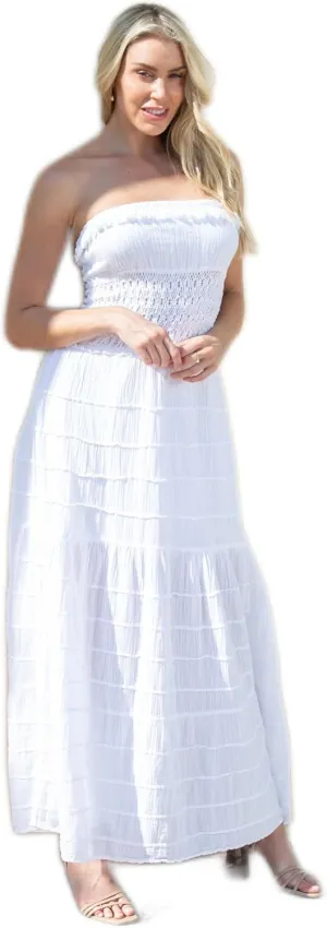 Women’s White Tube-Top Maxi Dress – 100% Cotton, Crochet Detail, Flowy Summer Beachwear, Made in Peru