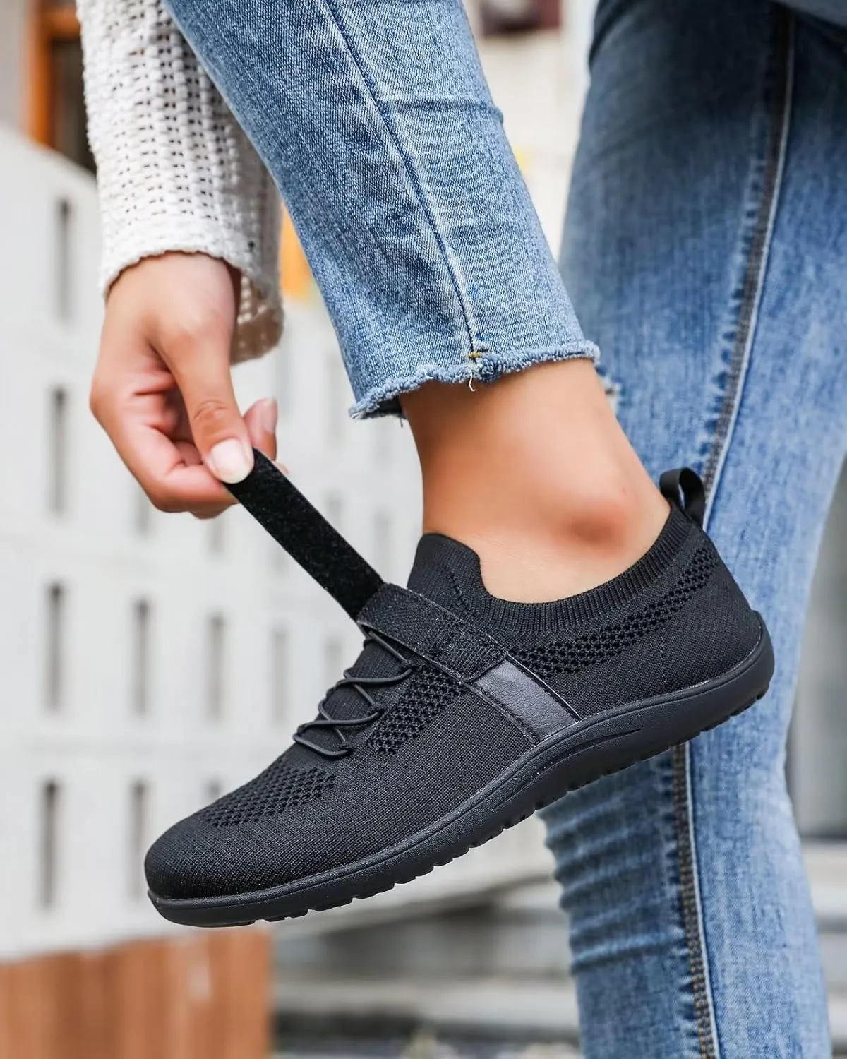 Women’s Wide Toe Walking Shoes Casual Tennis Gym Athletic Flats Slip-on Sneakers with Hook and Loop Strap