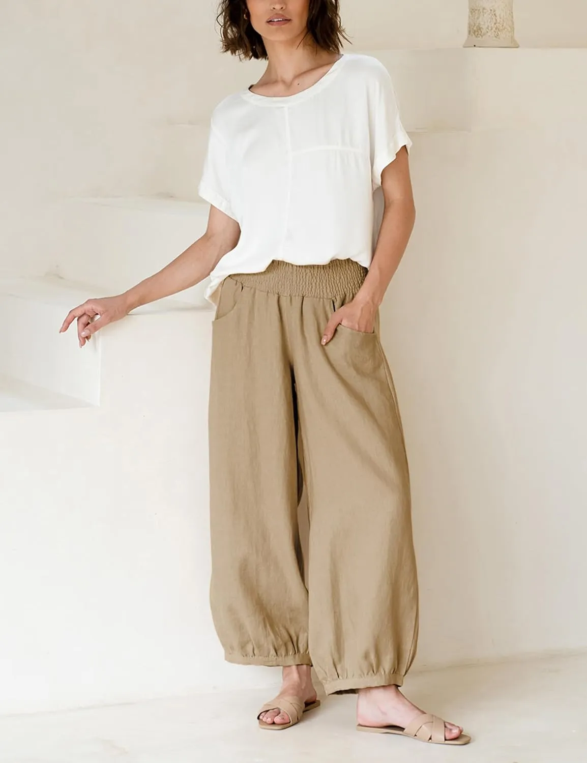 Xiaoxuemeng Womens Wide Leg Pants Cotton Linen Barrel Pants Elastic Waisted Lounge Trousers with Pockets