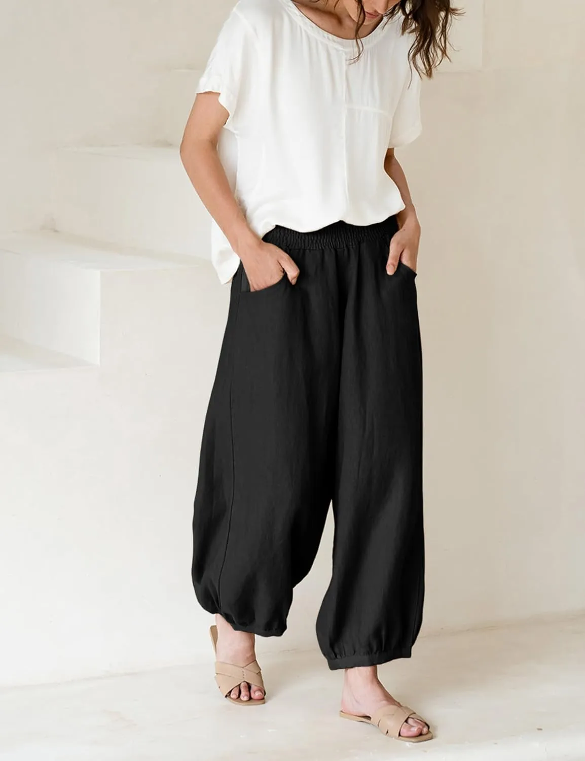 Xiaoxuemeng Womens Wide Leg Pants Cotton Linen Barrel Pants Elastic Waisted Lounge Trousers with Pockets