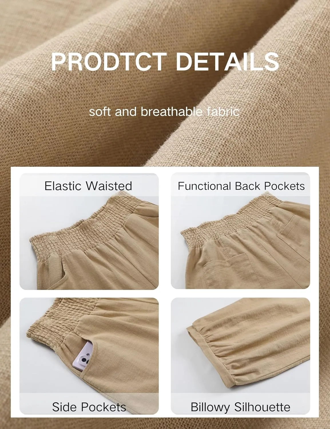 Xiaoxuemeng Womens Wide Leg Pants Cotton Linen Barrel Pants Elastic Waisted Lounge Trousers with Pockets