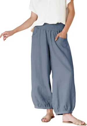 Xiaoxuemeng Womens Wide Leg Pants Cotton Linen Barrel Pants Elastic Waisted Lounge Trousers with Pockets