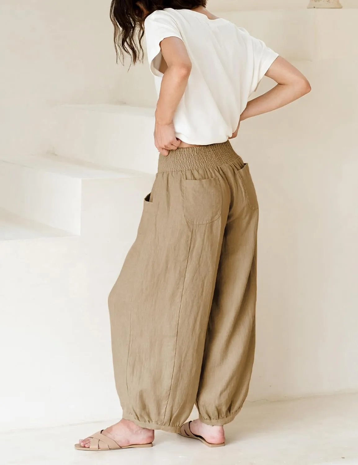 Xiaoxuemeng Womens Wide Leg Pants Cotton Linen Barrel Pants Elastic Waisted Lounge Trousers with Pockets