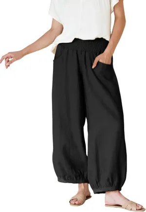 Xiaoxuemeng Womens Wide Leg Pants Cotton Linen Barrel Pants Elastic Waisted Lounge Trousers with Pockets