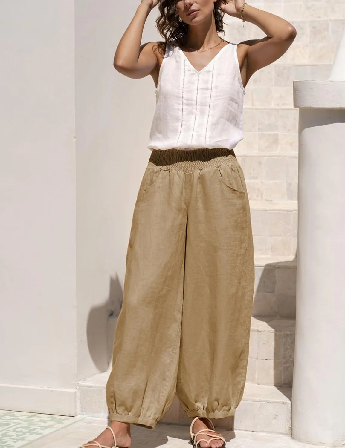 Xiaoxuemeng Womens Wide Leg Pants Cotton Linen Barrel Pants Elastic Waisted Lounge Trousers with Pockets