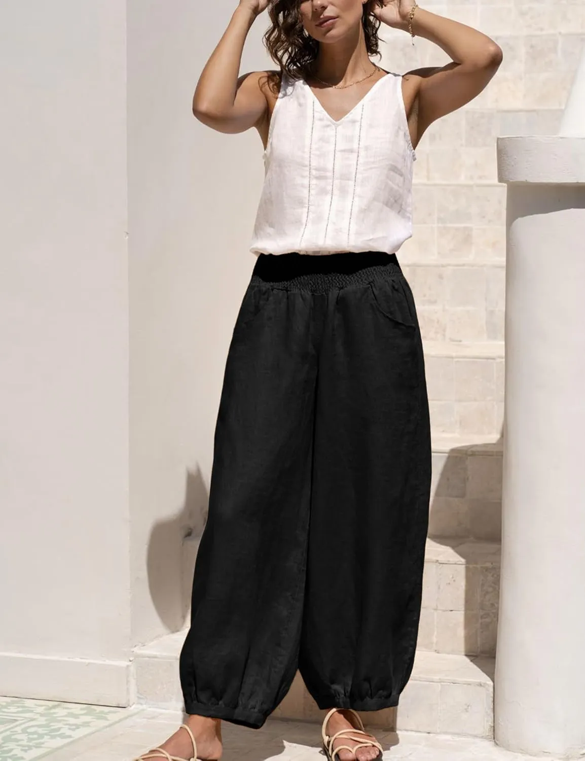 Xiaoxuemeng Womens Wide Leg Pants Cotton Linen Barrel Pants Elastic Waisted Lounge Trousers with Pockets