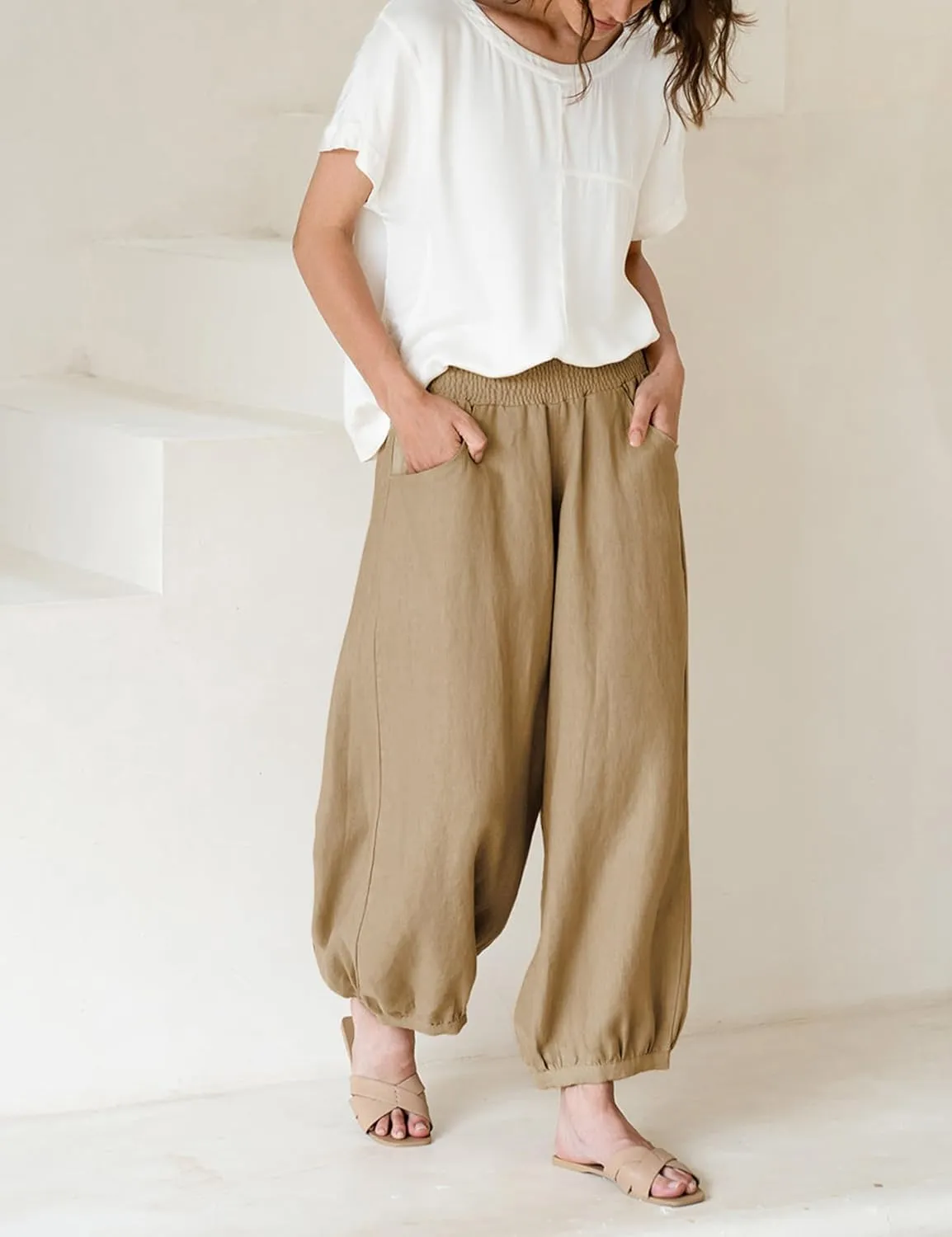 Xiaoxuemeng Womens Wide Leg Pants Cotton Linen Barrel Pants Elastic Waisted Lounge Trousers with Pockets
