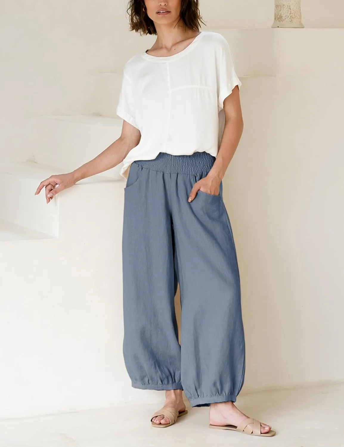 Xiaoxuemeng Womens Wide Leg Pants Cotton Linen Barrel Pants Elastic Waisted Lounge Trousers with Pockets