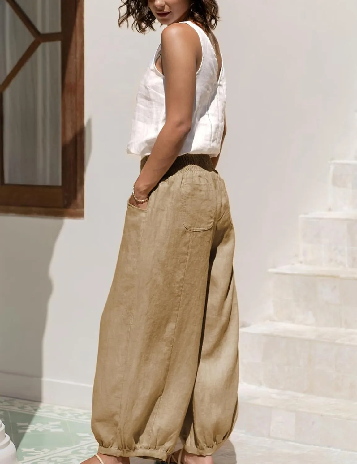 Xiaoxuemeng Womens Wide Leg Pants Cotton Linen Barrel Pants Elastic Waisted Lounge Trousers with Pockets