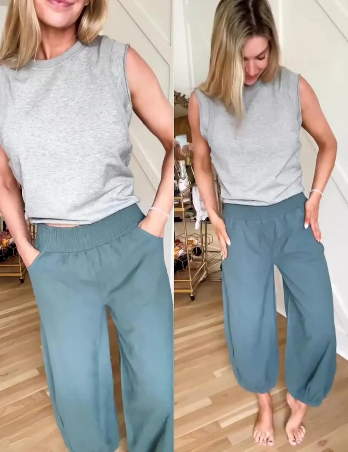 Xiaoxuemeng Womens Wide Leg Pants Cotton Linen Barrel Pants Elastic Waisted Lounge Trousers with Pockets