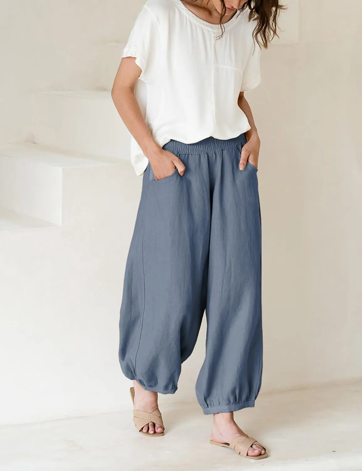 Xiaoxuemeng Womens Wide Leg Pants Cotton Linen Barrel Pants Elastic Waisted Lounge Trousers with Pockets