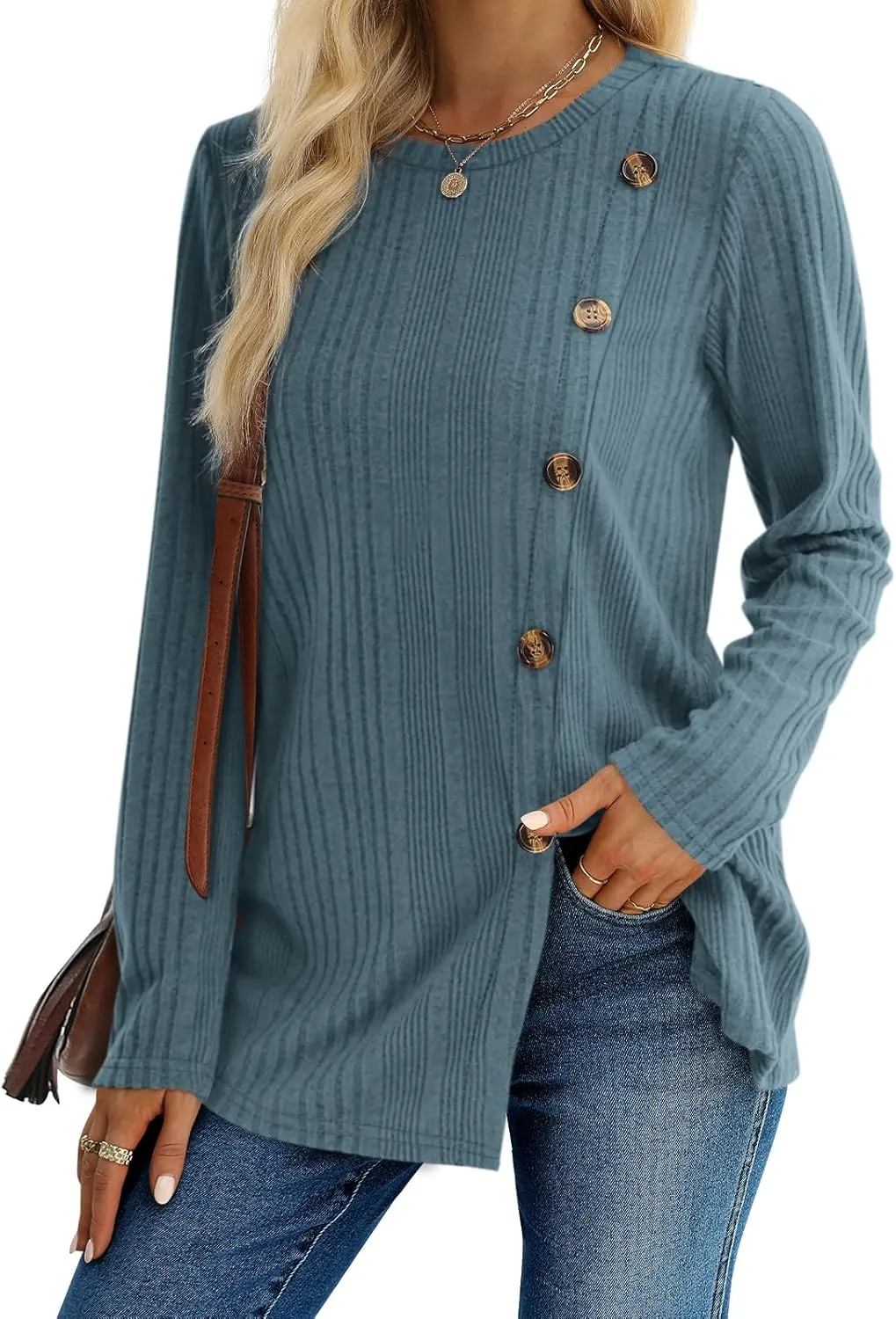 XIEERDUO Long Sleeve Tops for Women Tunics Buttons Front Slit