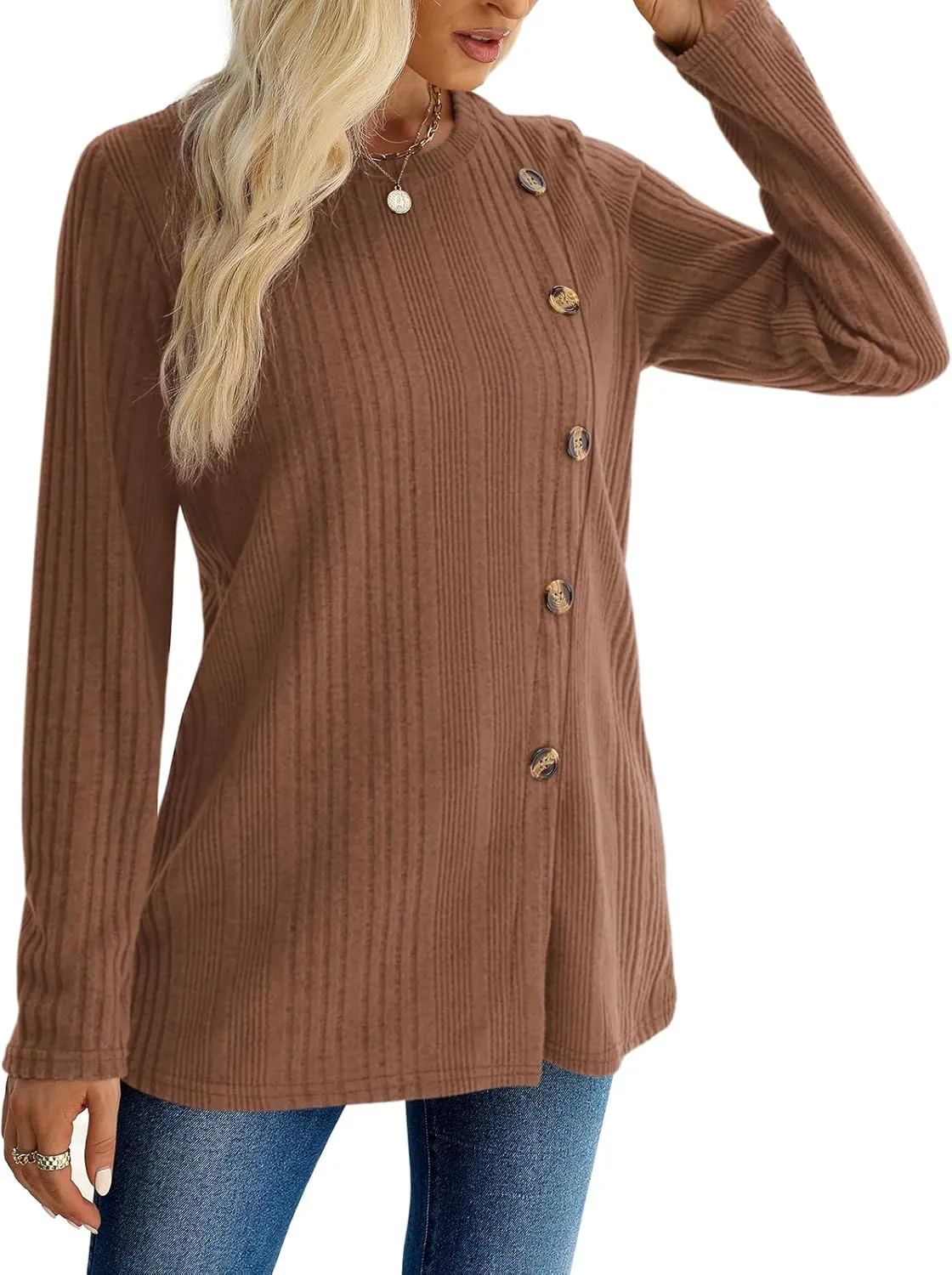 XIEERDUO Long Sleeve Tops for Women Tunics Buttons Front Slit