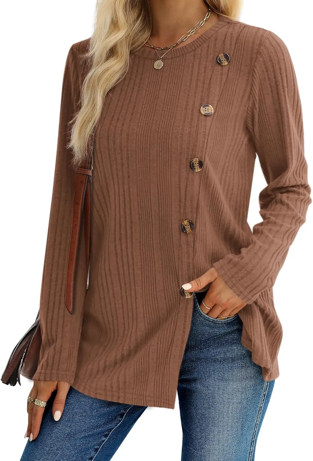 XIEERDUO Long Sleeve Tops for Women Tunics Buttons Front Slit