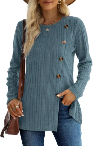XIEERDUO Long Sleeve Tops for Women Tunics Buttons Front Slit