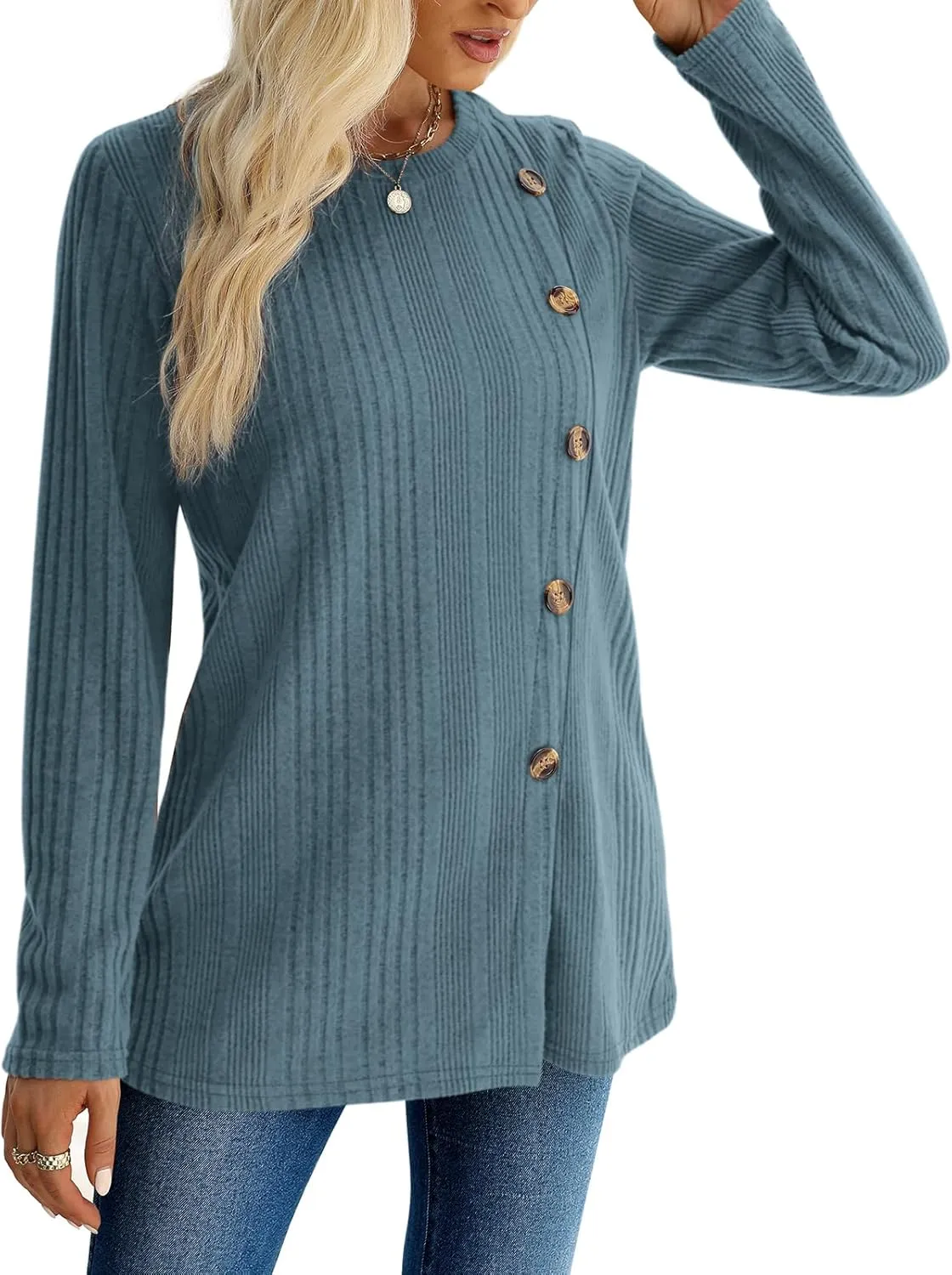 XIEERDUO Long Sleeve Tops for Women Tunics Buttons Front Slit