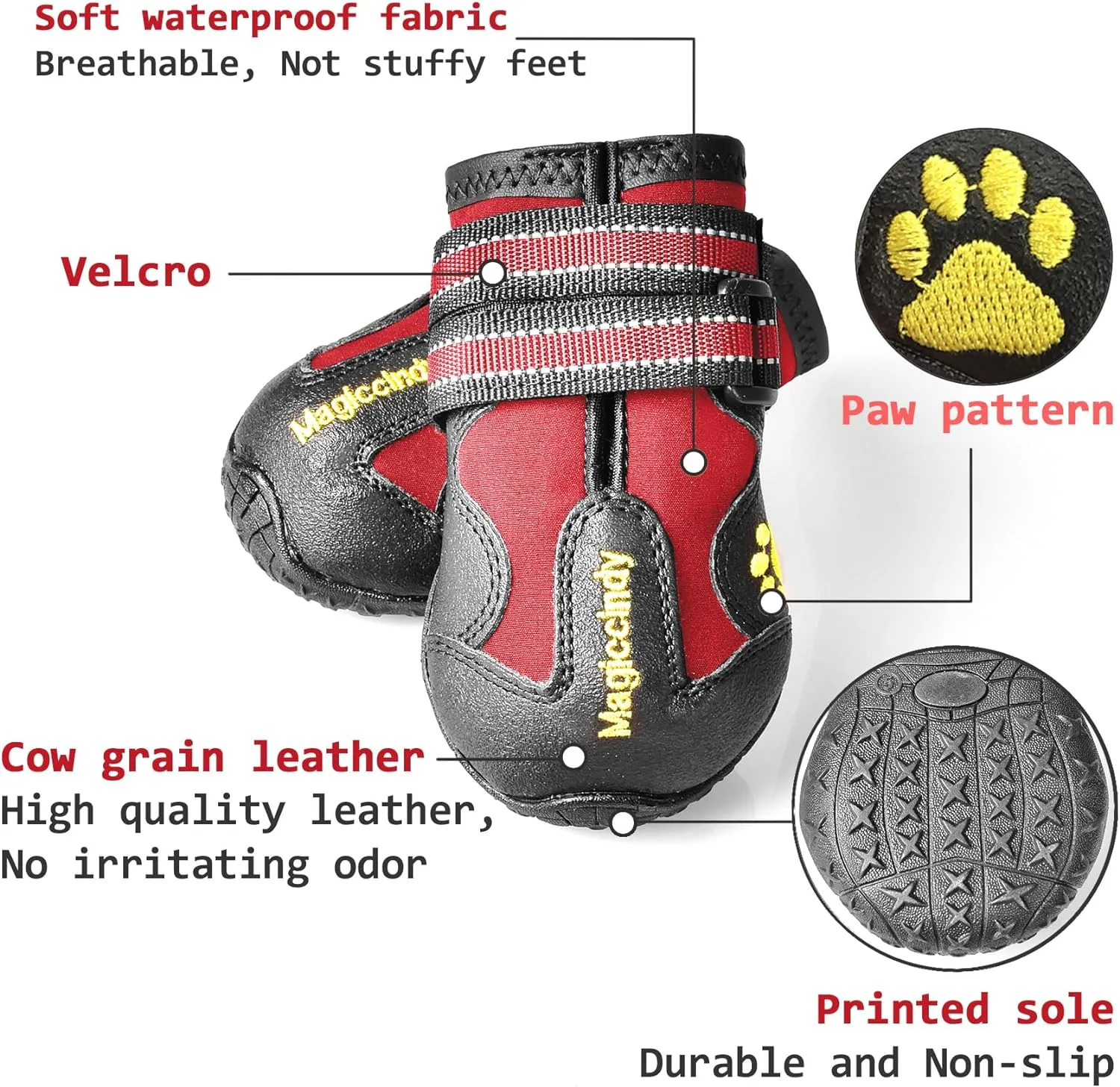 XSY&G Dog Boots,Waterproof Dog Shoes,Dog Booties with Reflective Strips Rugged Anti-Slip Sole and Skid-Proof,Outdoor Dog Shoes for Medium Large Dogs 4Pcs Red-Size 5