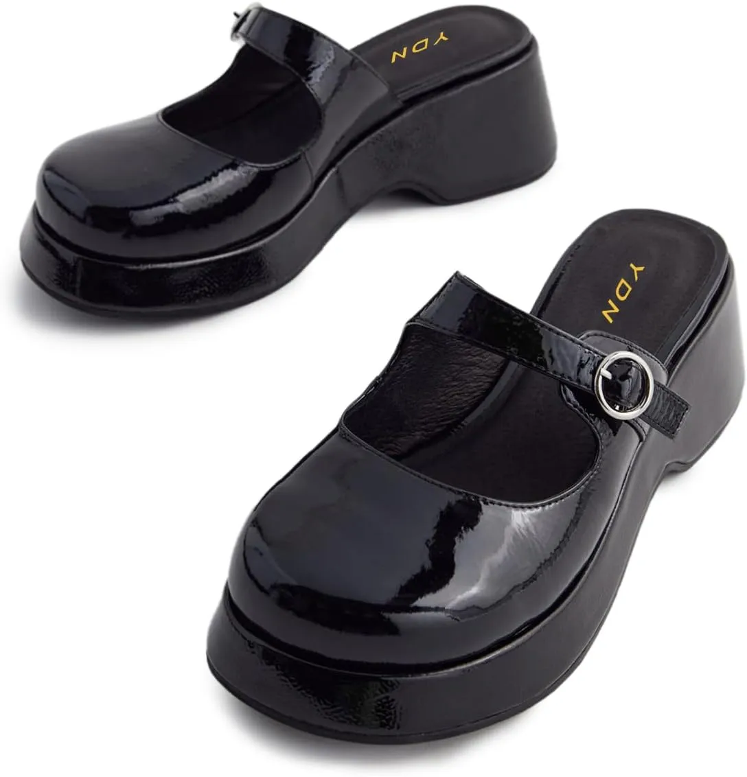 YDN Women Buckle Mules Ankle Strap Slippers Slip On Sandals Platform Wedge Low Heels Closed Round Toe Shoes Party Shopping Indoor Size 4-16 US