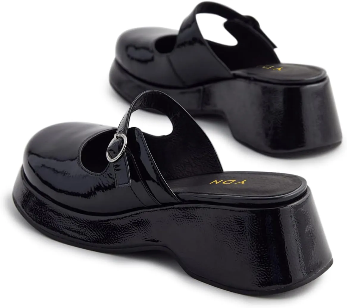 YDN Women Buckle Mules Ankle Strap Slippers Slip On Sandals Platform Wedge Low Heels Closed Round Toe Shoes Party Shopping Indoor Size 4-16 US
