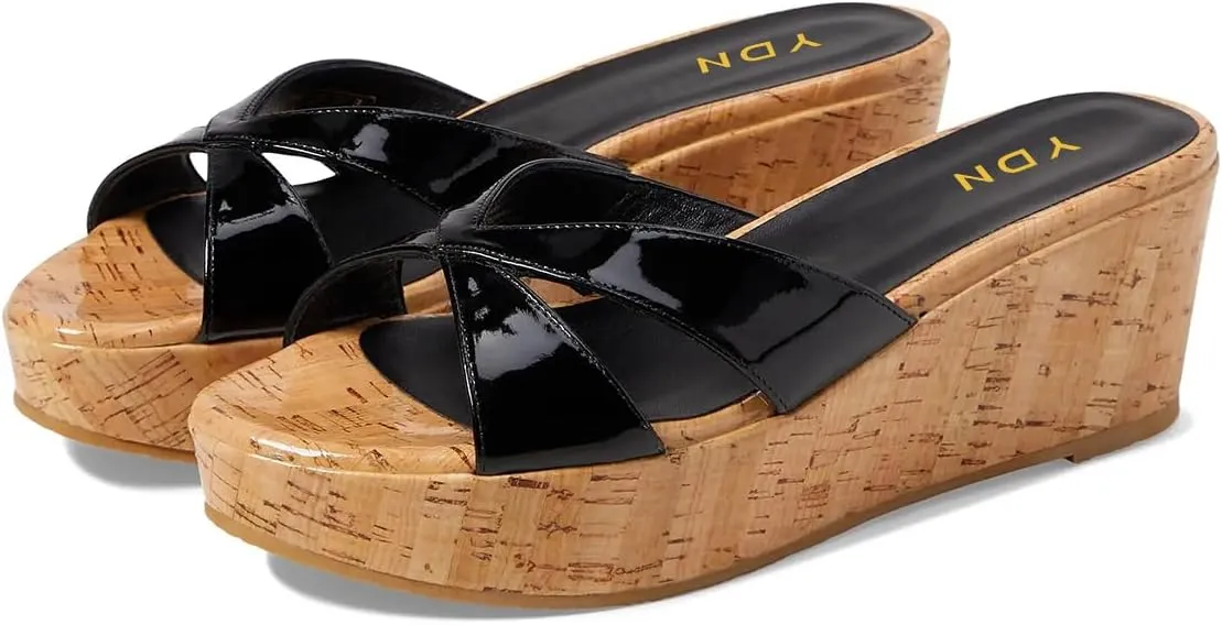 YDN Women Chic Crossed Straps Open Toe Sandals Platform Slip On Wedges Mid Heel Mules Comfy Casual Walking Shoes Size 4-16 US