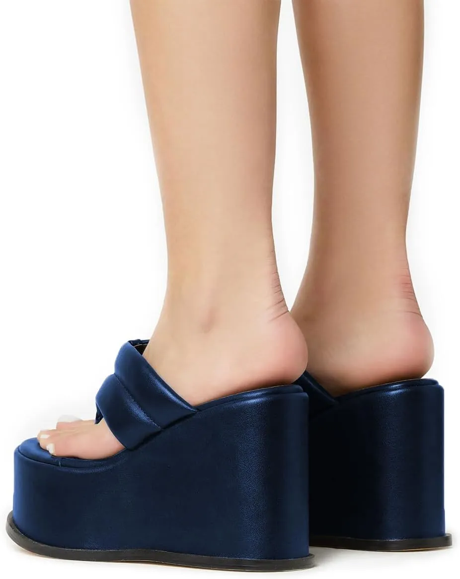 YDN Women Dressy Platform Mules Round Open Toe Slip On Sandals Wide Strap Flip Flop Slippers Wedge High Heels Shoes Party Daily Size 4-15 US