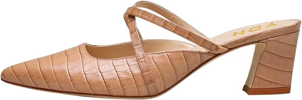 YDN Women Fashion Crocodile Print Mules Cross Straps Block Chunky Mid Low Heel Slip On Sandals 4-15 US