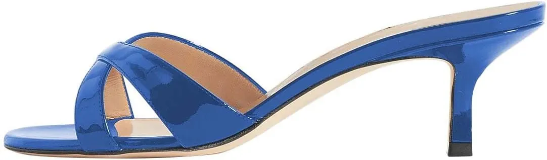 YDN Women Fashion Open Round Toe Mules Mid Kitten Heel Sandals Cross Strap Multi Print Choices Slip On Dress Casual Shoes Size 4-15 US