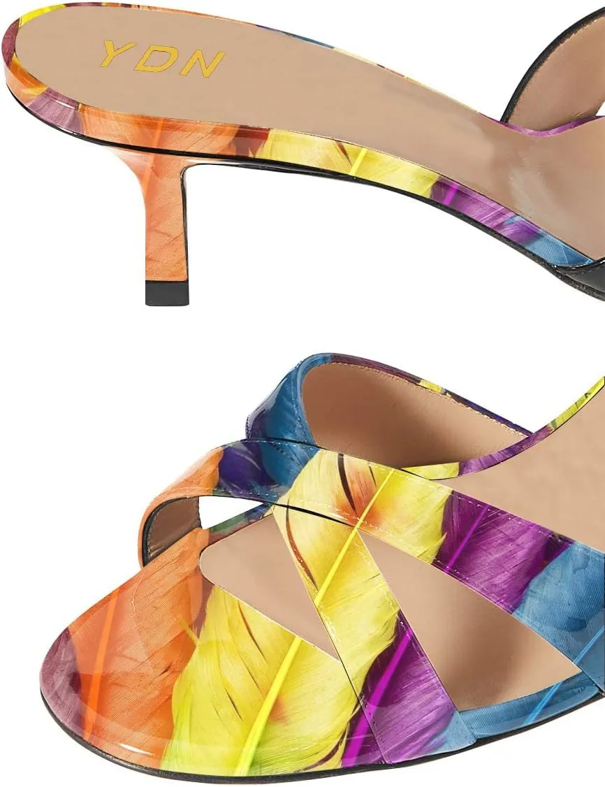 YDN Women Fashion Open Round Toe Mules Mid Kitten Heel Sandals Cross Strap Multi Print Choices Slip On Dress Casual Shoes Size 4-15 US