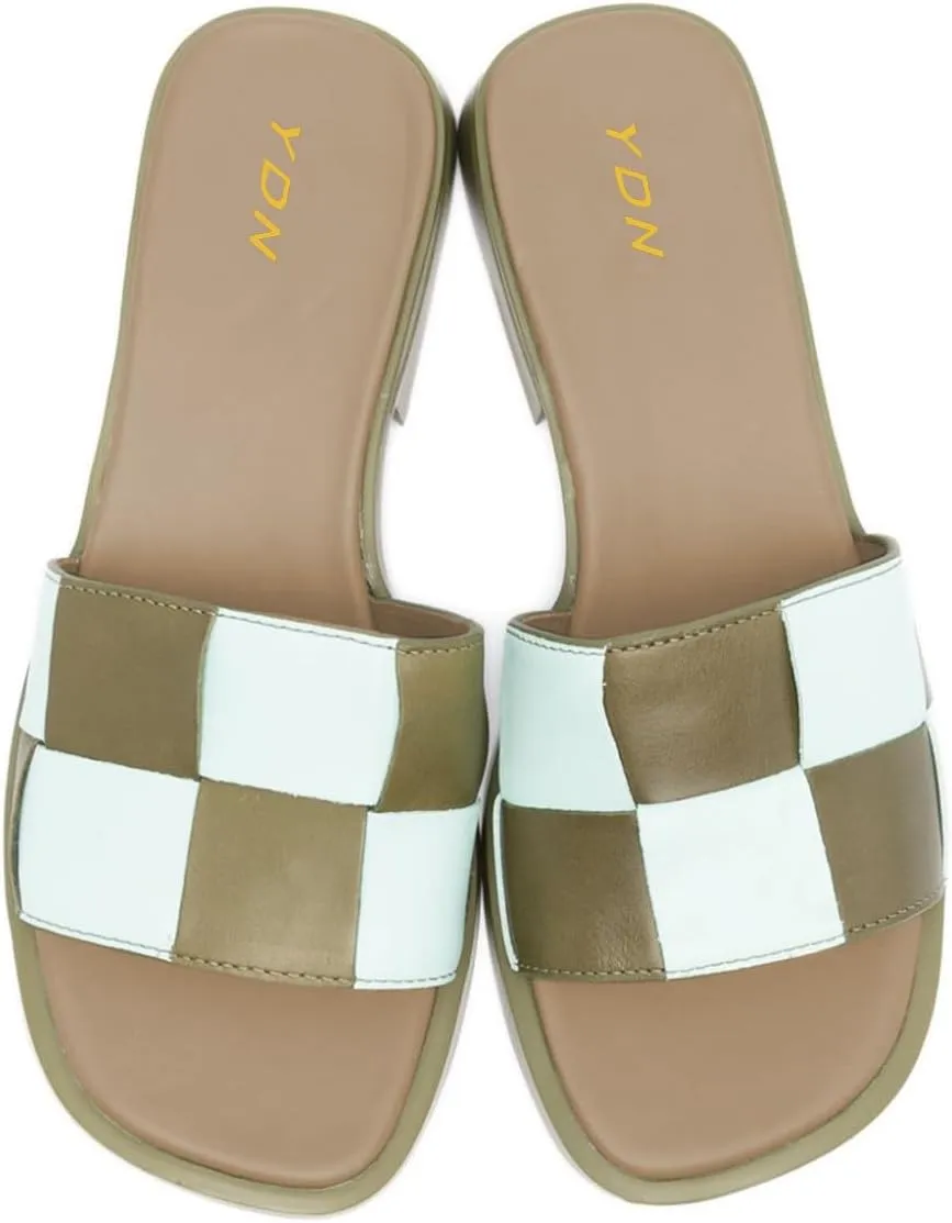 YDN Women Open Square Toe Slip On Slides Sandals Checkered Block Low Heel Slippers Party Ballroom Walking Shoes Size 4-16 US