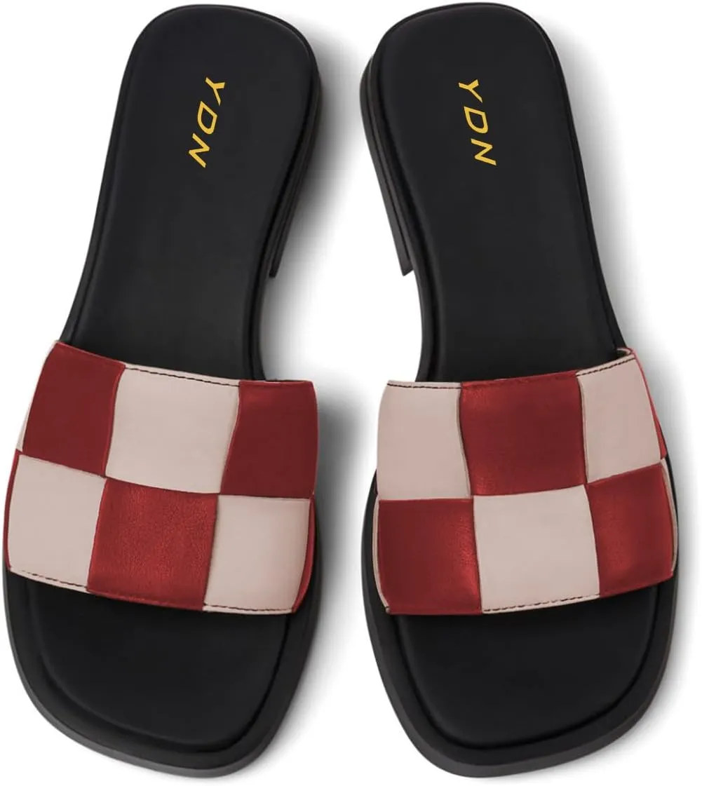 YDN Women Open Square Toe Slip On Slides Sandals Checkered Block Low Heel Slippers Party Ballroom Walking Shoes Size 4-16 US